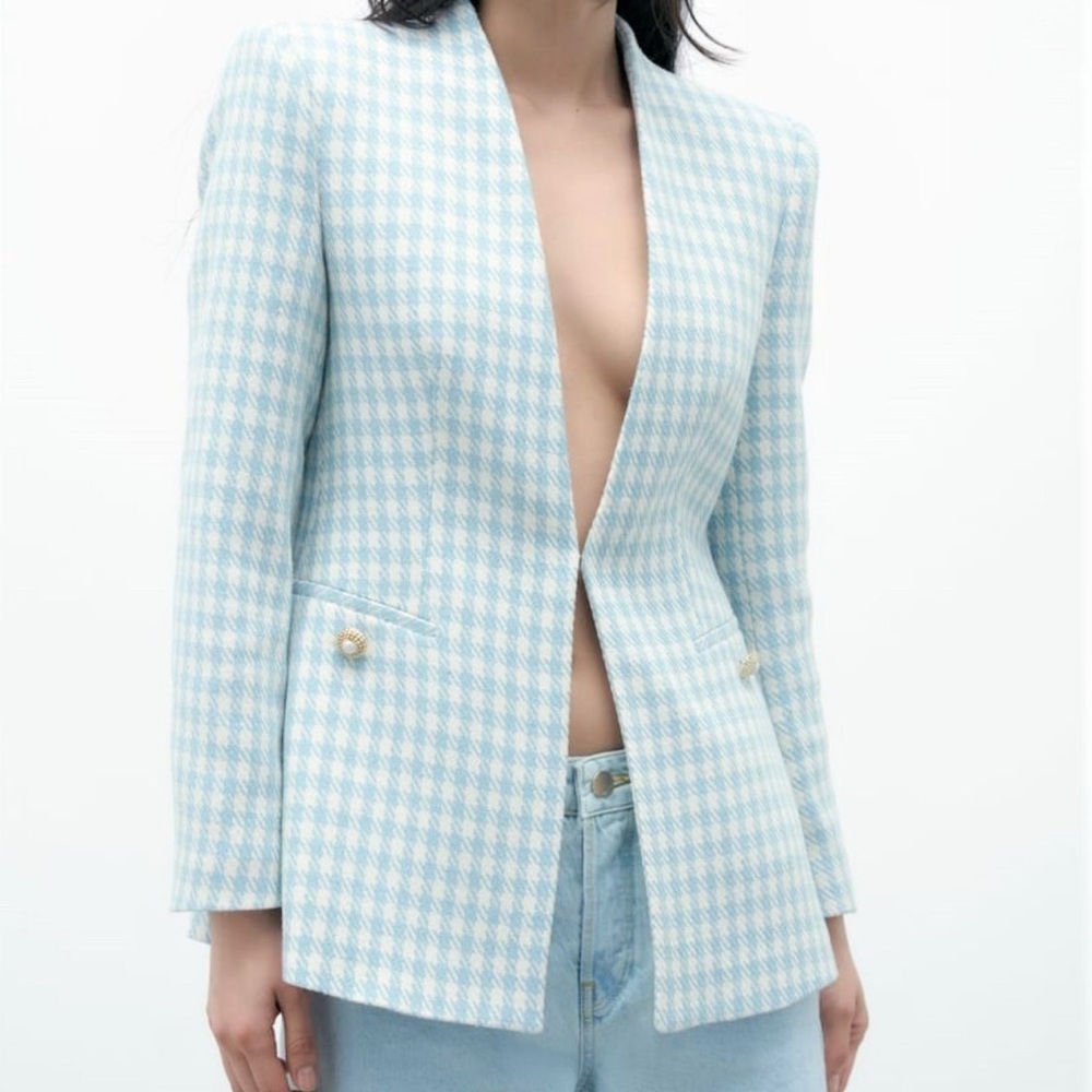 Zara Light Blue Houndstooth Blazer